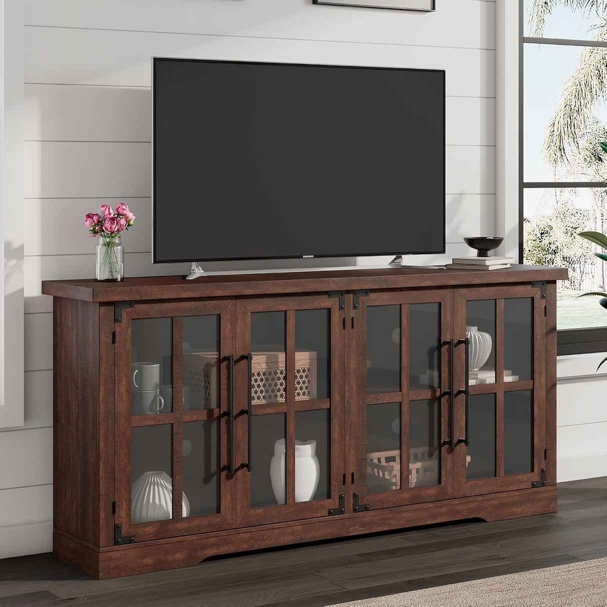 Farmhouse TV Stand with 4 Glass Doors, Modern Buffet Sideboard Cabinet