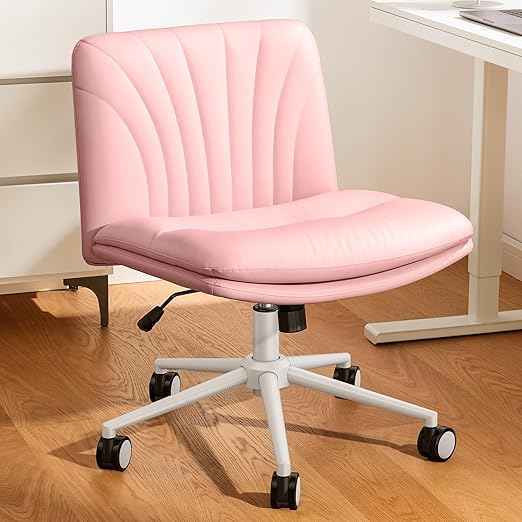 Armless-Office Desk Chair with Wheels: PU Leather Cross Legged Wide Chair