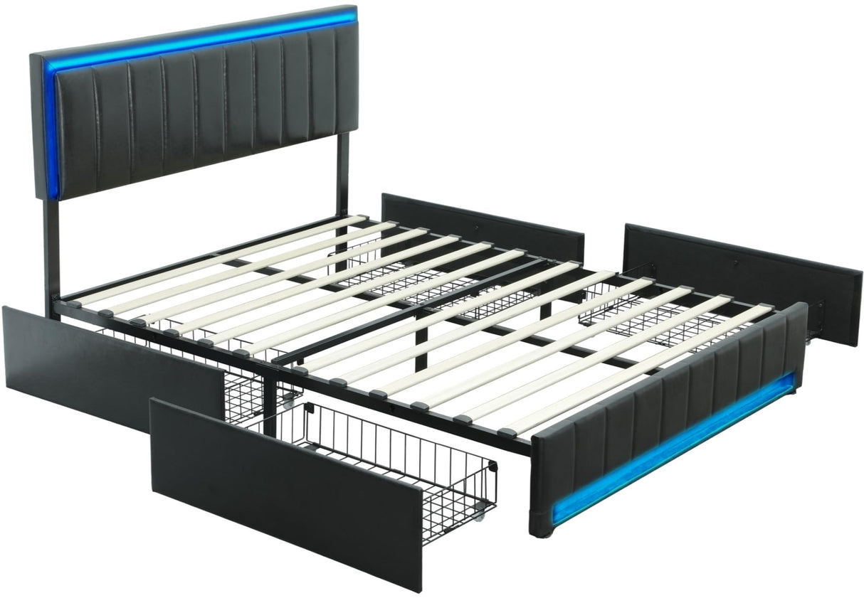 Queen Size Bed Frame with Headboard, Platform Bed Frame with LED Lights&4 Storage Drawers,