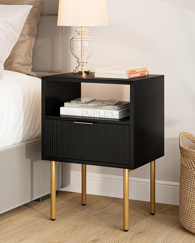 Night Stand,Mid-Century Modern Bedside Table with Storage Drawer and Open Wood