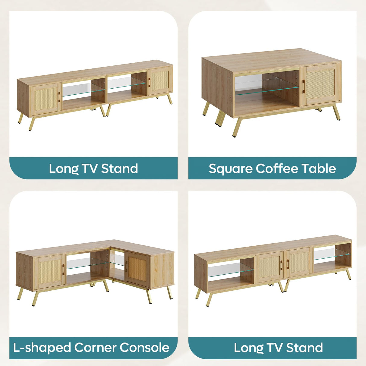 80 Inch Natural Rattan TV Stand with LED Lights