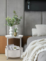 Side Table, White End Table with Storage Basket, Metal Night Stand with Removable Tray,