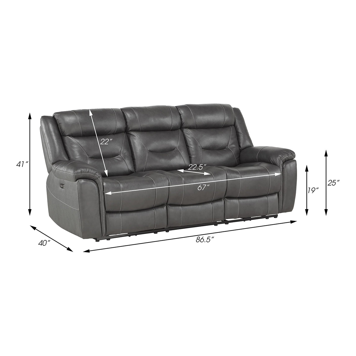 Top Grain Leather Power Double Reclining Sofa, Dark Gray