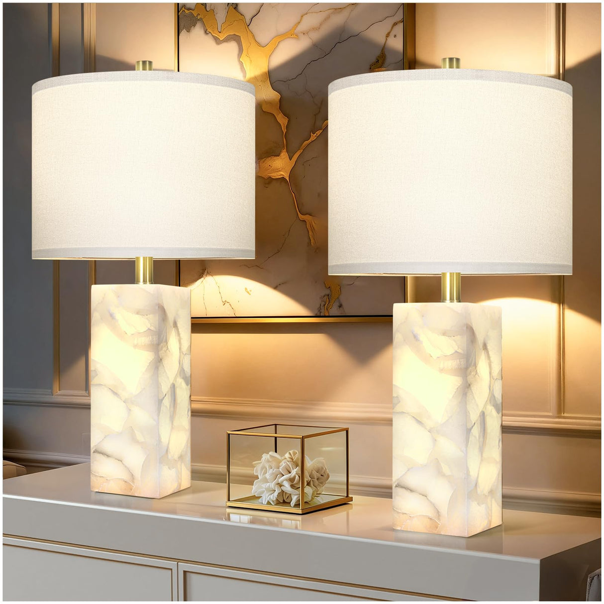 Scenekoy Natural Alabaster Table Lamp Set of 2 with Night Light for Bedroom Living Room, 23" Rotary Switch Bedside Lamp with Linen Shade, Modern Nightstand Lamps for Room Office Dorm (Bulb Included)
