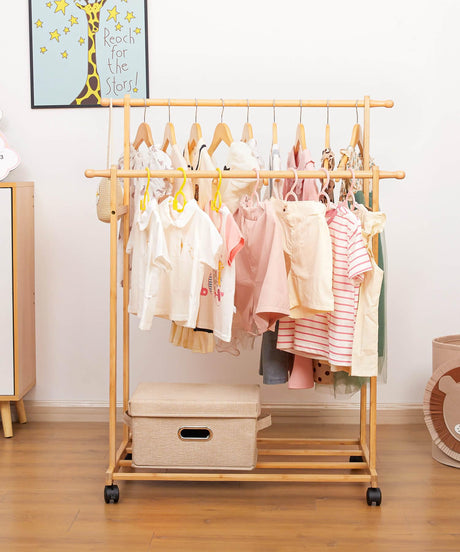 Kids Clothing Rack Bamboo with 2 Hanging Rods and 4 Hooks