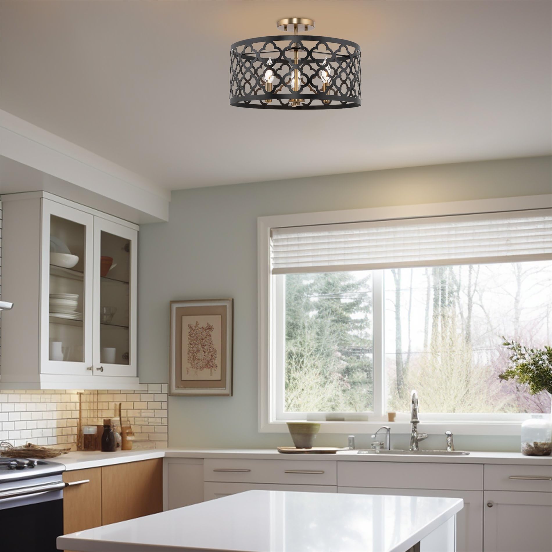 Sutton 16" 3-Light Modern Semi-Flush Mount Ceiling Light, Metal Drum Shade