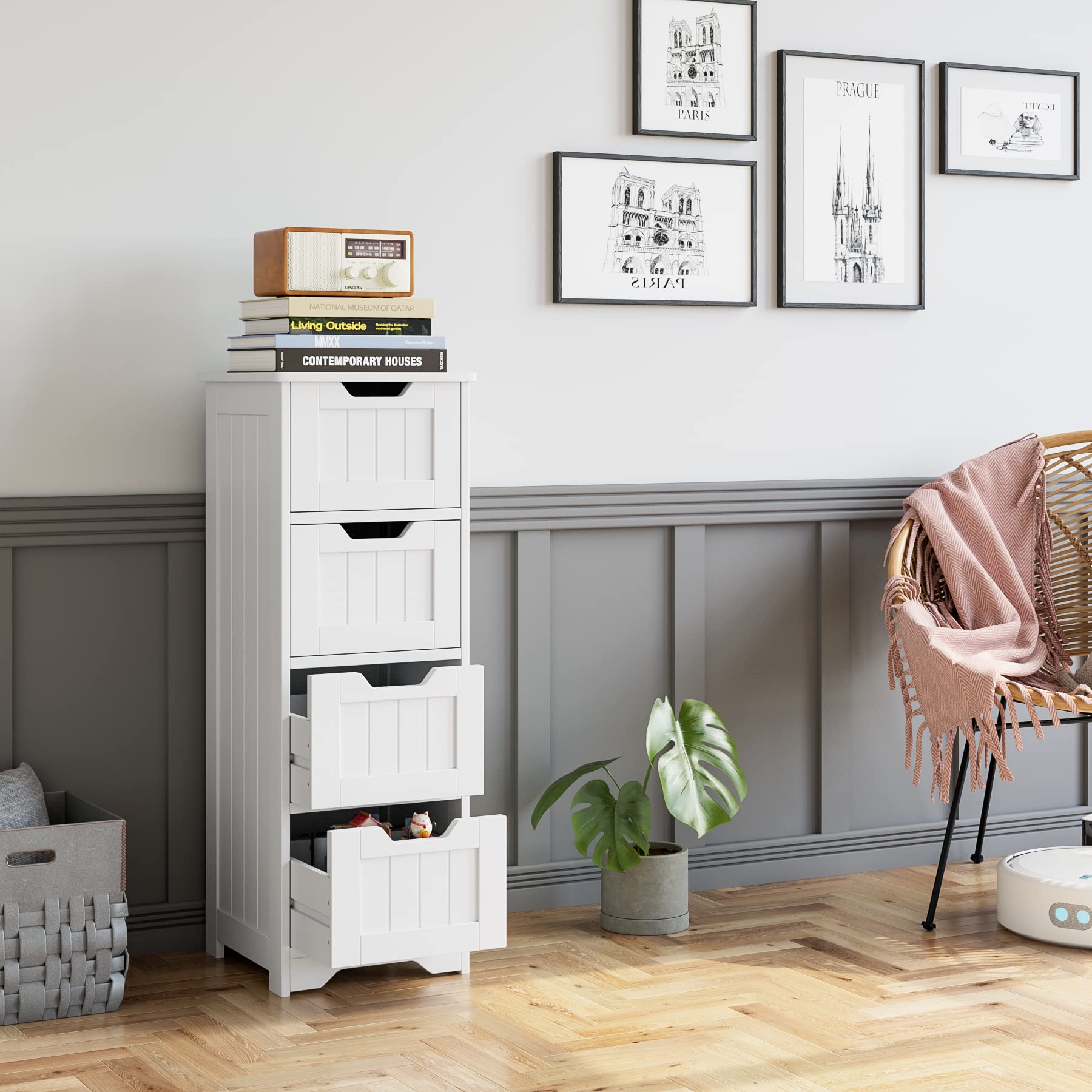Bathroom Storage Cabinet, Side Cabinet with 4 Drawers, 11.8” x 11.8” x 32.5” Freestanding