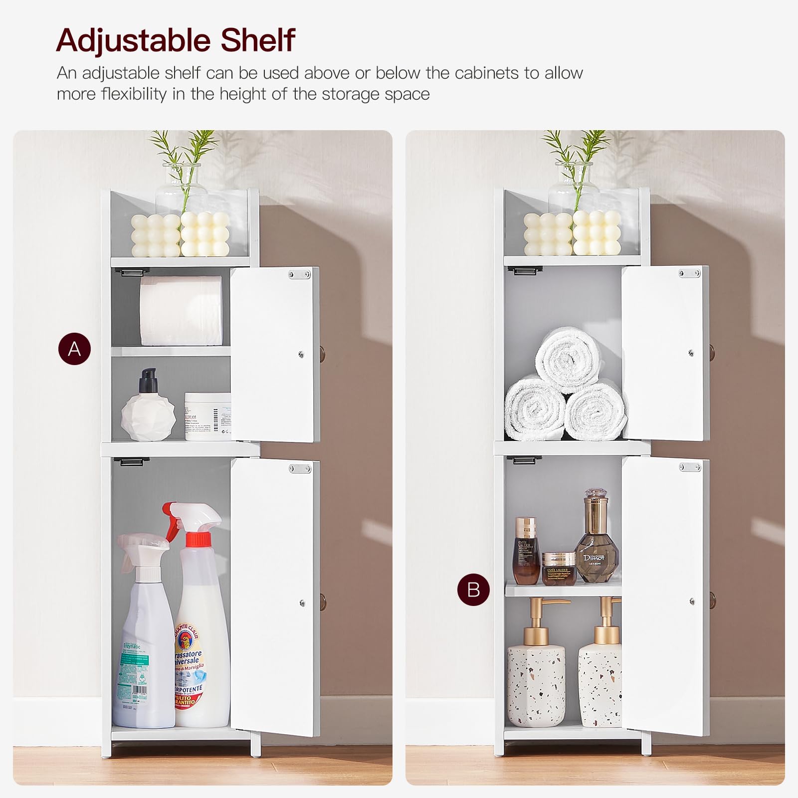 Small Bathroom Storage Cabinet, Narrow Cabinet with Doors and Adjustable Shelves,