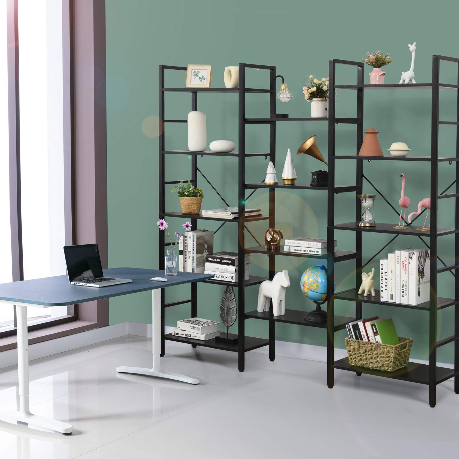 Triple Wide 5-Tier Bookcase, Large Open Bookshelf, Display & Storage Shelf, Vintage Industrial Style Shelves with Metal Frame, Bookcase Furniture for Living Room, Study, Office (Black)