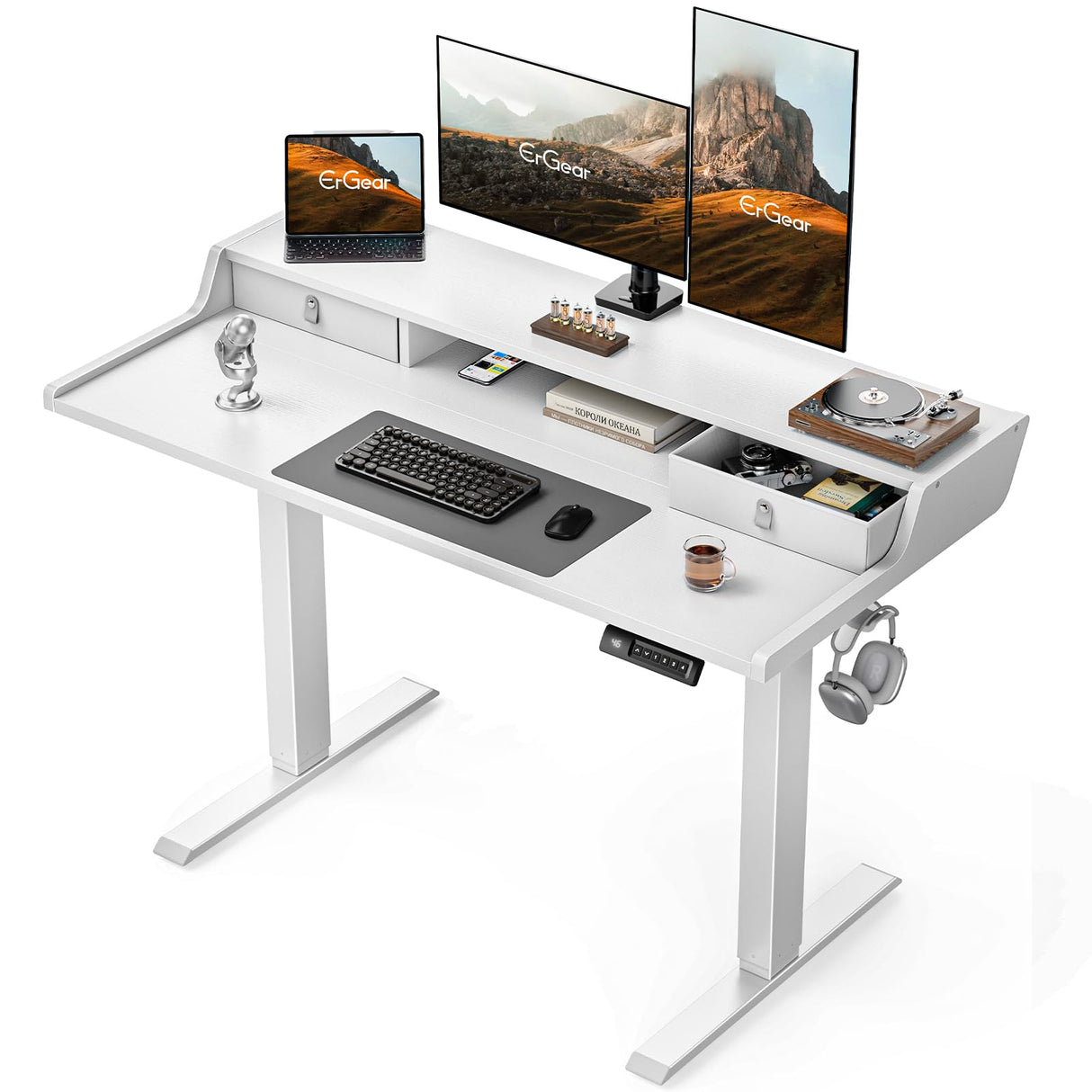 ErGear Electric Standing Desk with Drawers, 48″ x 24″ Gaming Desk with Monitor Stand, C-Clamp Mount Compatible, Home Office Height-Adjustable Desk with Storage Shelf, 4 Preset Heights, White, EGESD36W