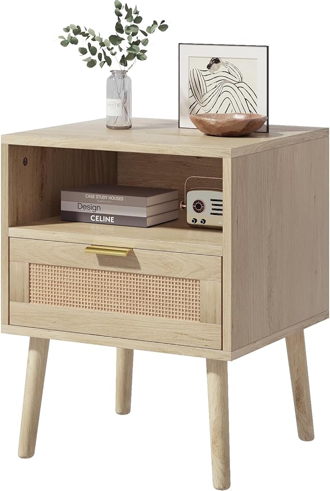 Rattan Nightstand with Drawer Boho Nightstand Mid Century Modern Nightstand