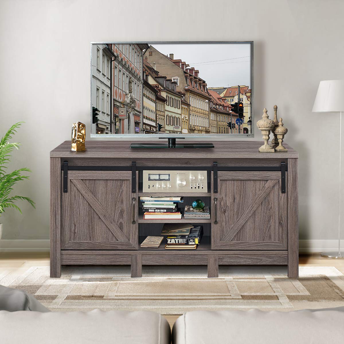 TV Stand with Sliding Barn Doors, Modern Farmhouse Wood Entertainment Center