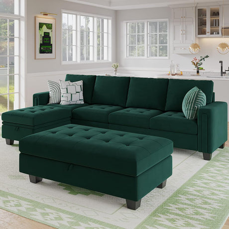 Velvet Convertible 4-Seat Sectional Sofa with Reversible Chaise L