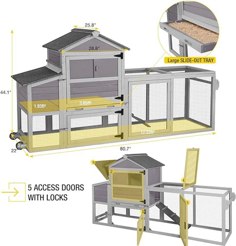 Chicken Coop Expandable Mobile Chicken House for Outdoor with Wheels