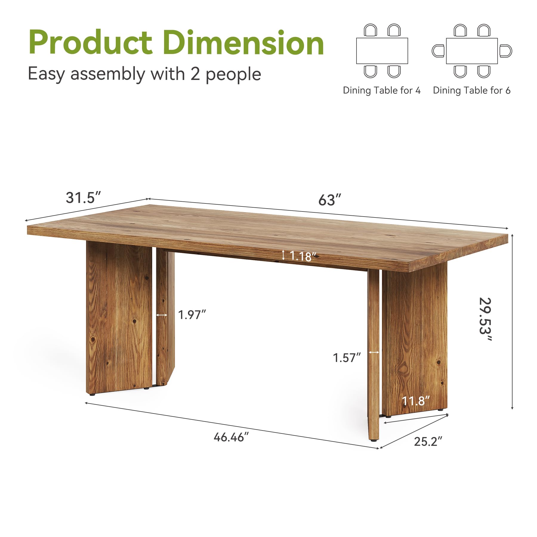 63-Inch Solid Wood Farmhouse Dining Table for 4-6