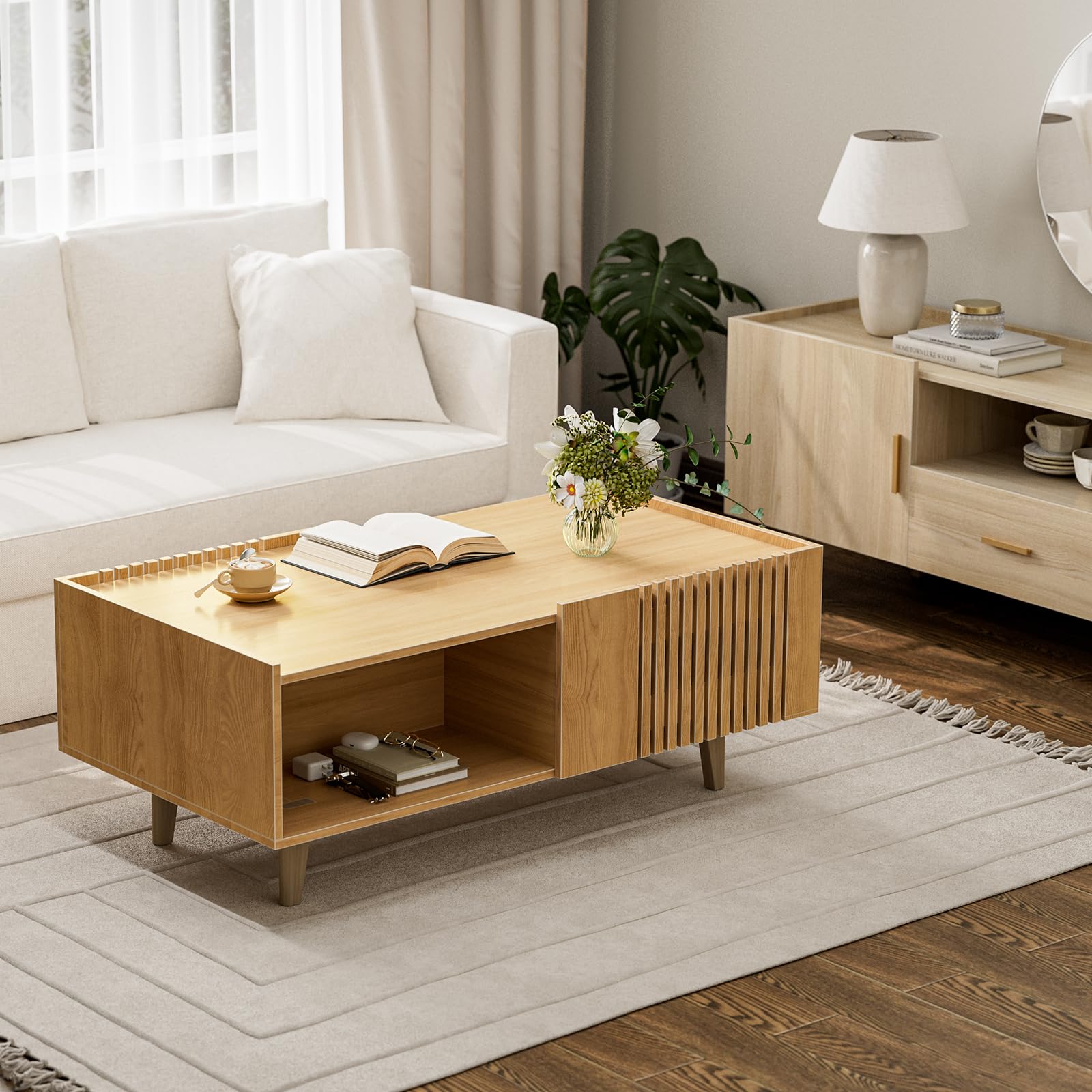 Fluted Coffee Table, Mid Century Modern Center Coffee Table with Cabinet Doors