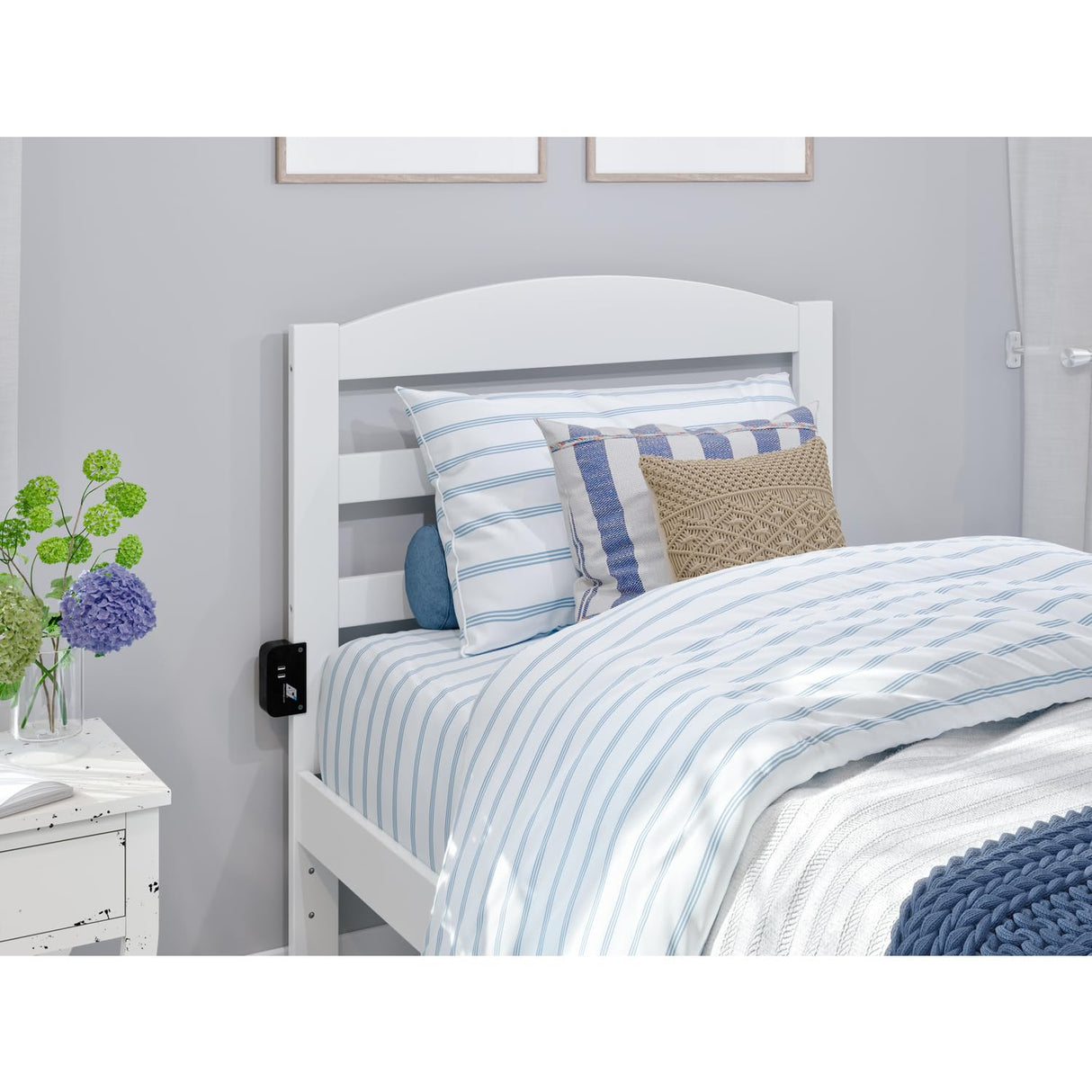 Traditional Twin XL Bed with USB Charger in White