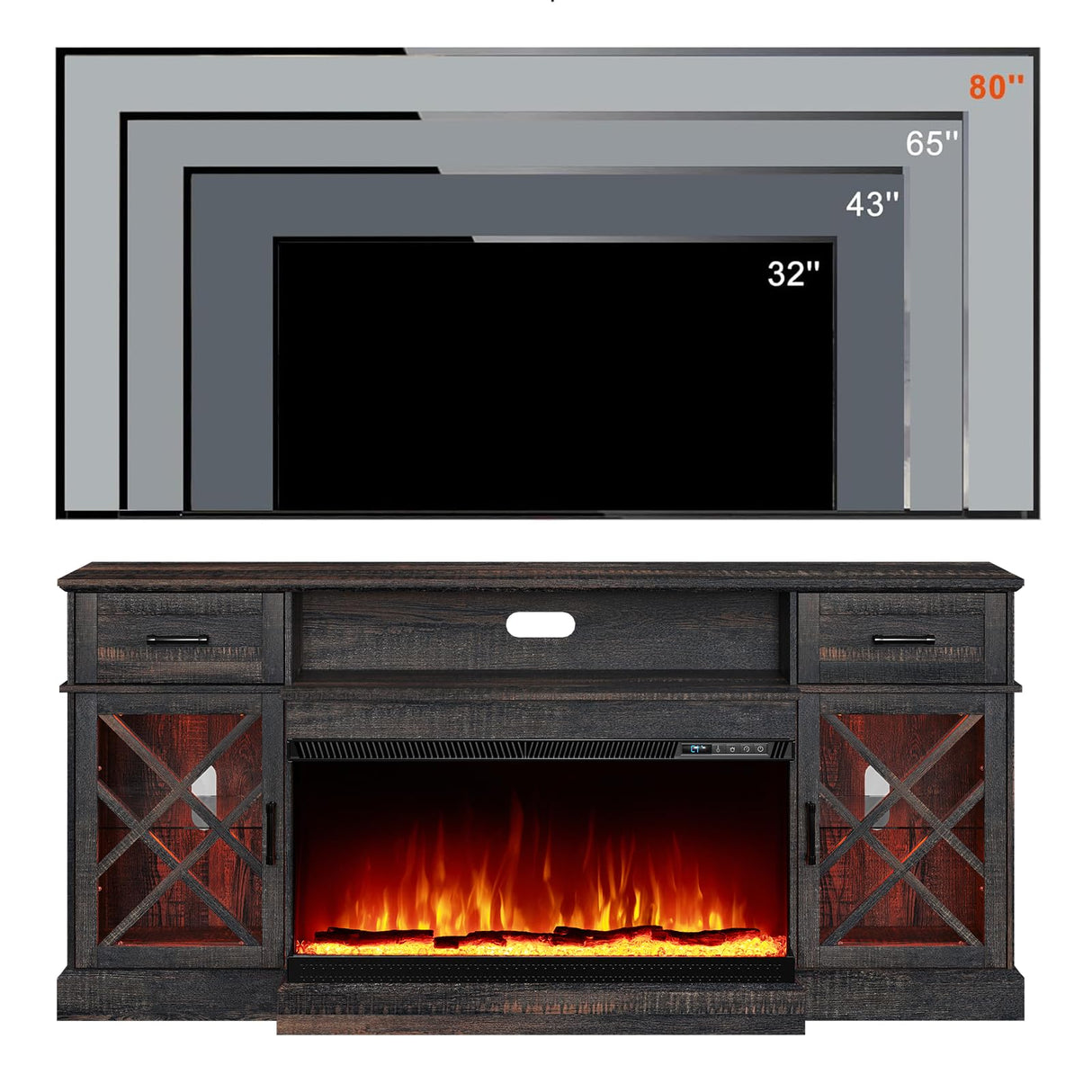 70" LED Fireplace TV Stand with Glass Doors - Black