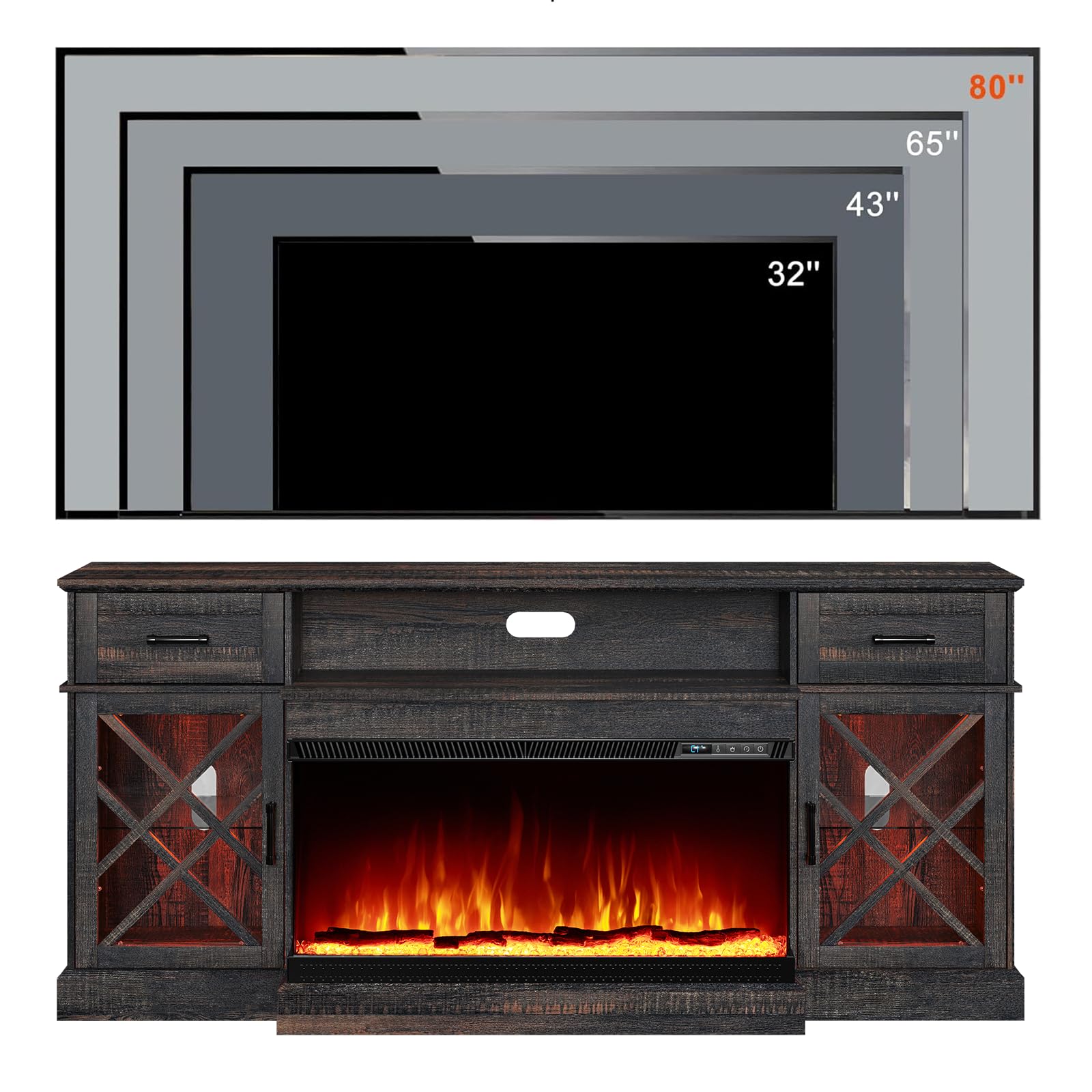 70" LED Fireplace TV Stand with Glass Doors - Black