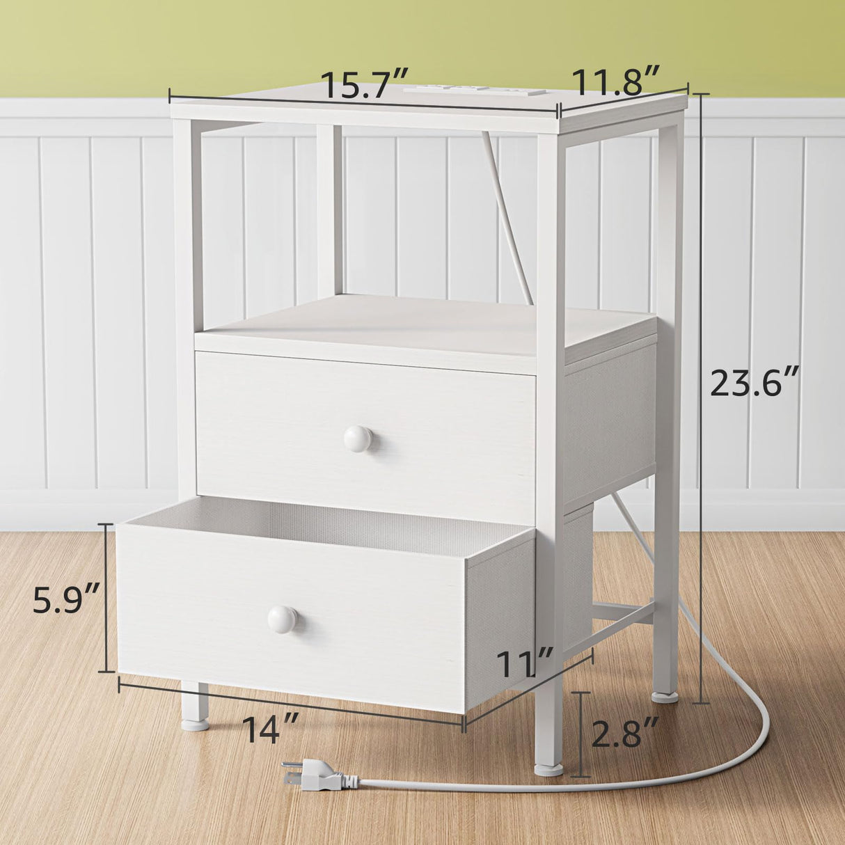 White Night Stand with Charging Station and USB Ports, Small Nightstand