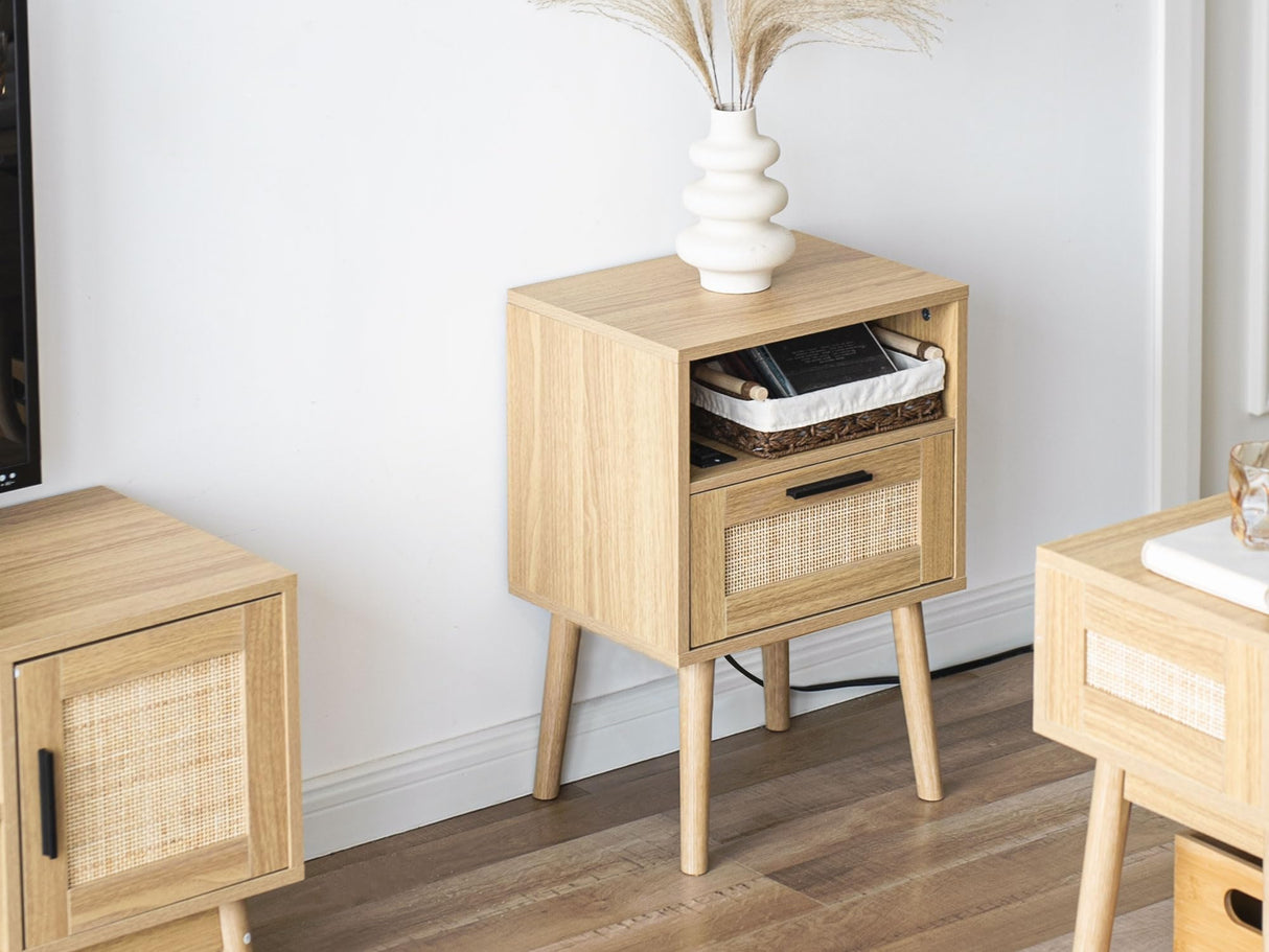 Rattan Nightstand with Charging Stantion, Rattan Side Table with Storage, Mid Century