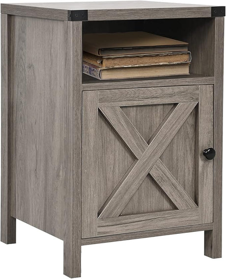 Farmhouse End Table, Set of 2, Rustic Night Stand with Barn Door and Storage Shelf