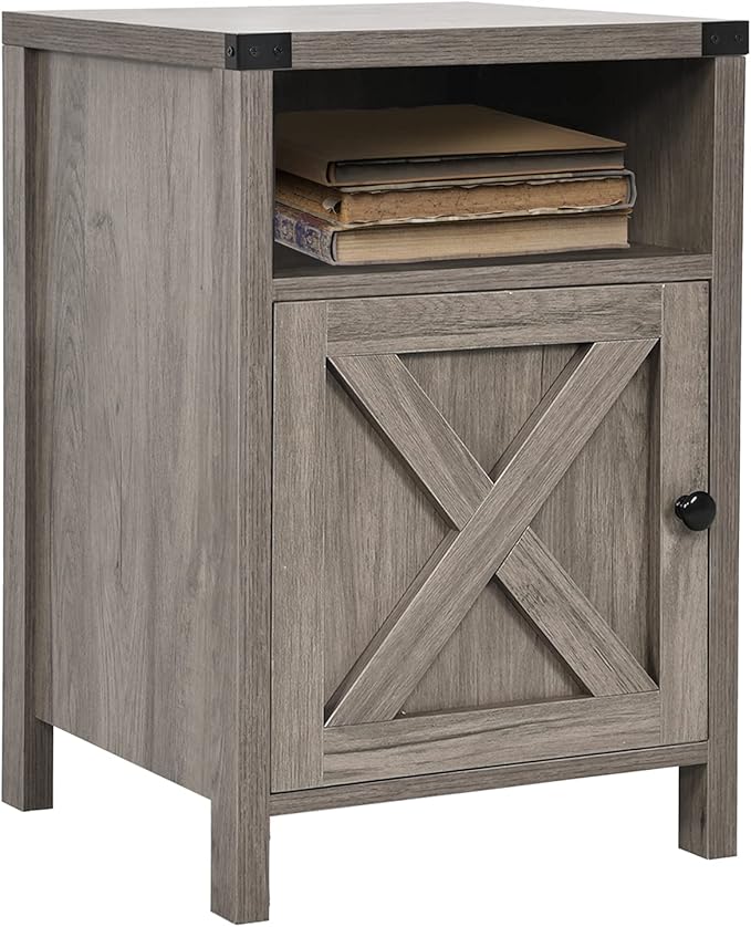 Farmhouse Nightstand, End Table, End Tables with Barn Door and Shelf, Modern Bed Side