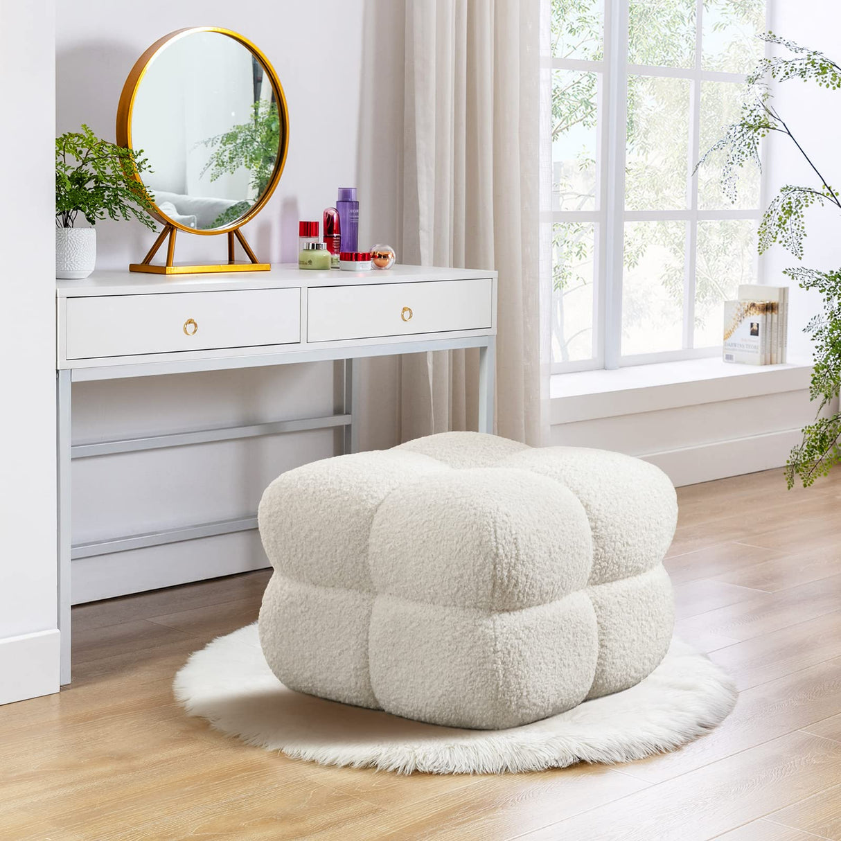 Couch Sherpa Pouf Chair 23.6" W Floor Pouf, White Fuzzy Square Ottoman