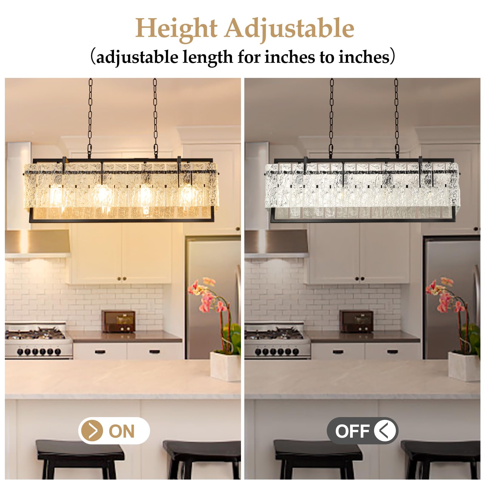 Modern Rectangular Crystal Chandelier, 4-Light Black Linear Farmhouse Lighting, 34”