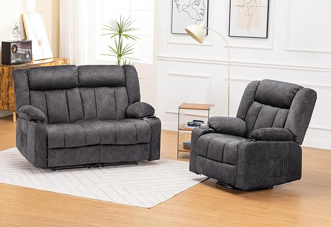 Manual Recliner Chair Set，Fabric Reclining Sofa Chair with Cup Holders,