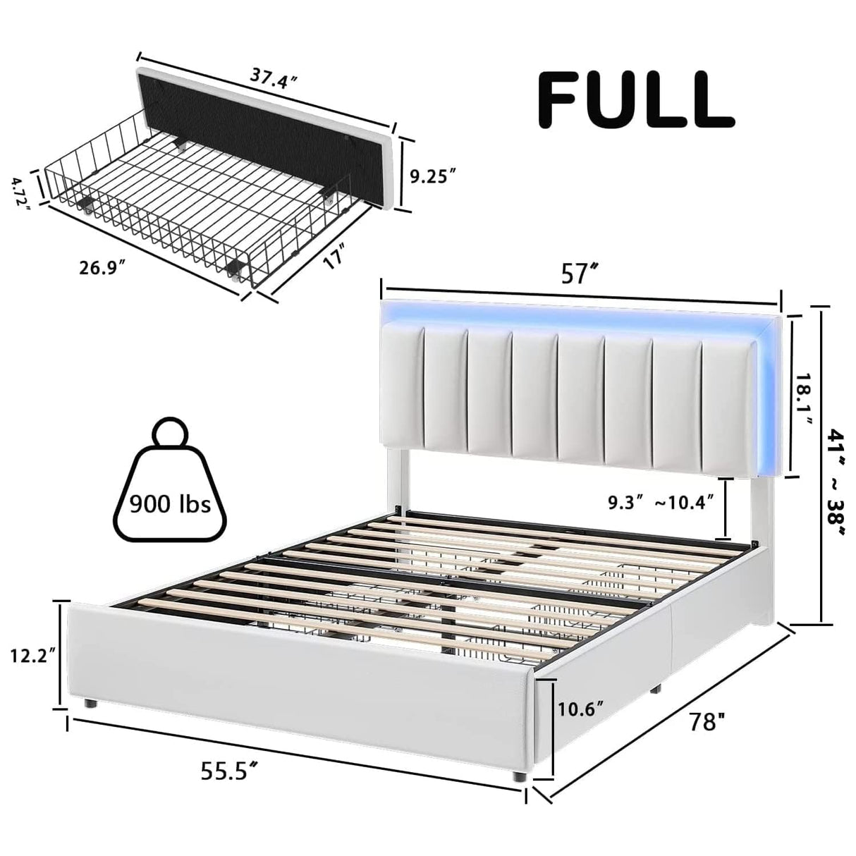 Full Size Bed Frame with LED Lights and 4 Storage Drawers, Upholstered Platform Bed