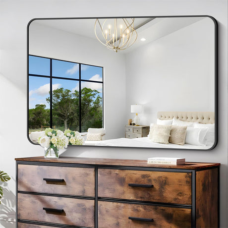 Bathroom Mirror, 36"x55" Black Rectangle Wall Mirror, Metal Frame Rounded Corner