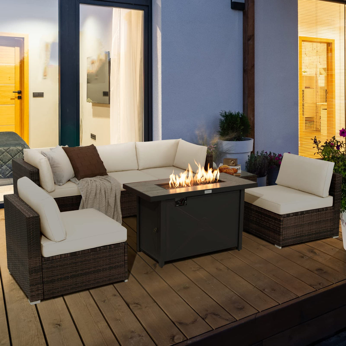 7 Piece Patio Furniture Set with Fire Pit Table, Includes 42 Inches 60
