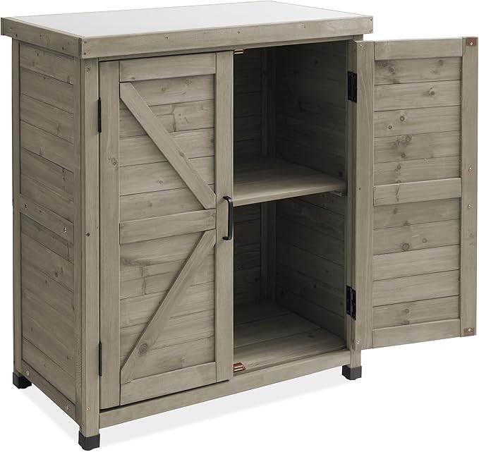 Outdoor Garden Potting Bench with Metal Tabletop and Storage Cabinet