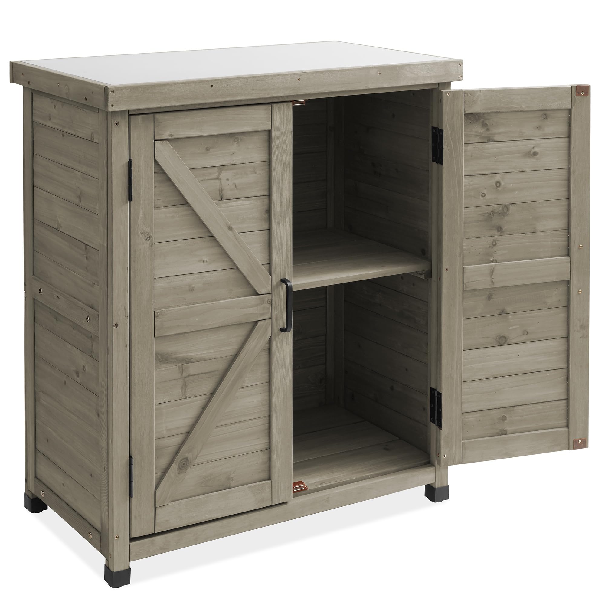 Outdoor Garden Potting Bench with Metal Tabletop and Storage Cabinet