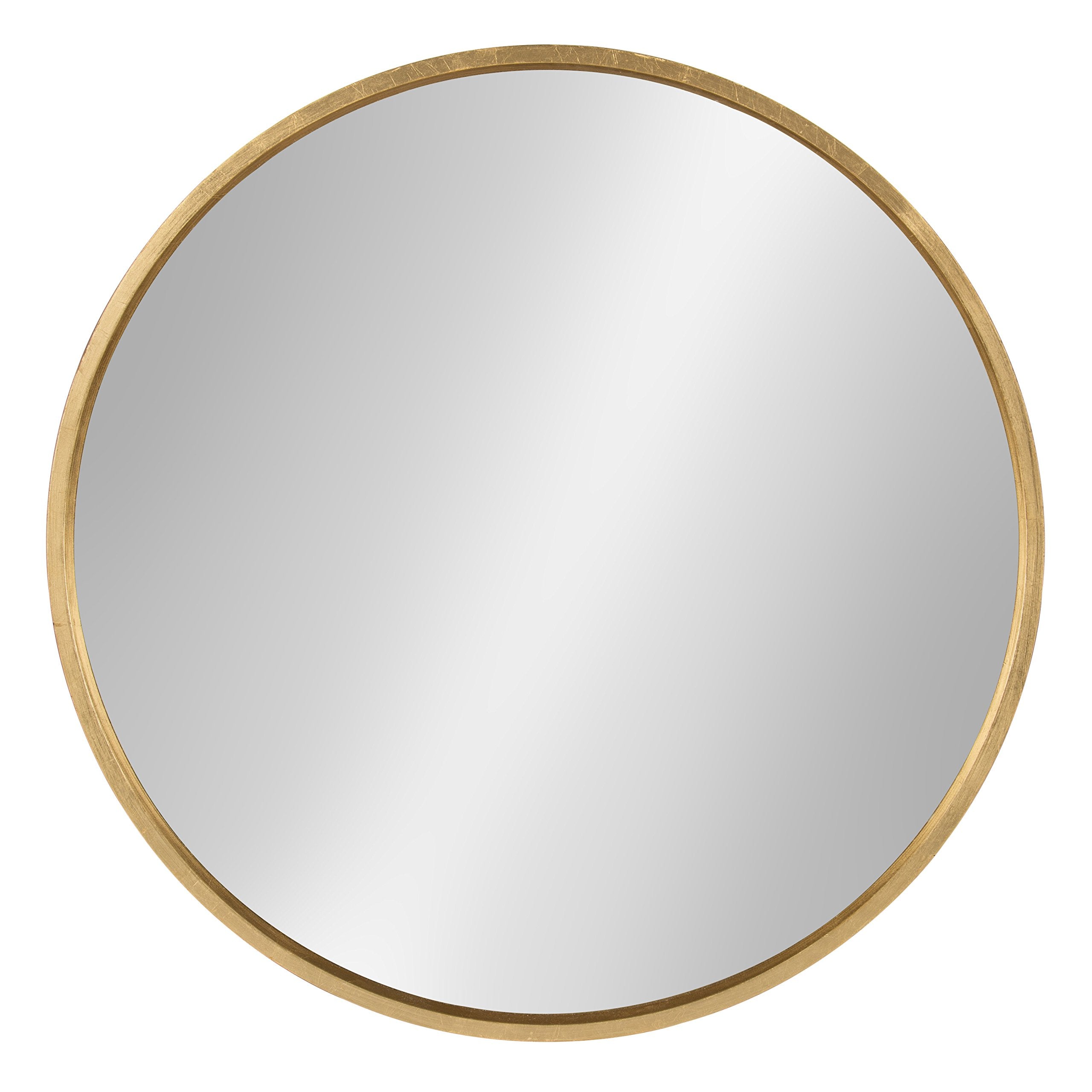 Travis Round Wood Wall Mirror, 25.6" Diameter, Gold, Modern Glam Wall Décor Accent