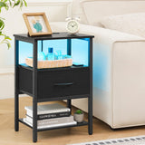 Side Table with Storage, LED Night Stand with Charging Station, End Tables Living Room