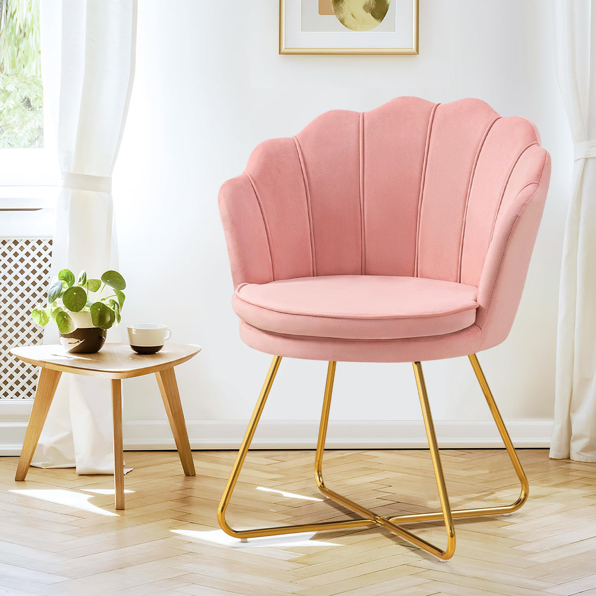 Pink Vanity Chair, Chair for Bedroom, Makeup Chair with Gold Plating Legs, Accent Chair