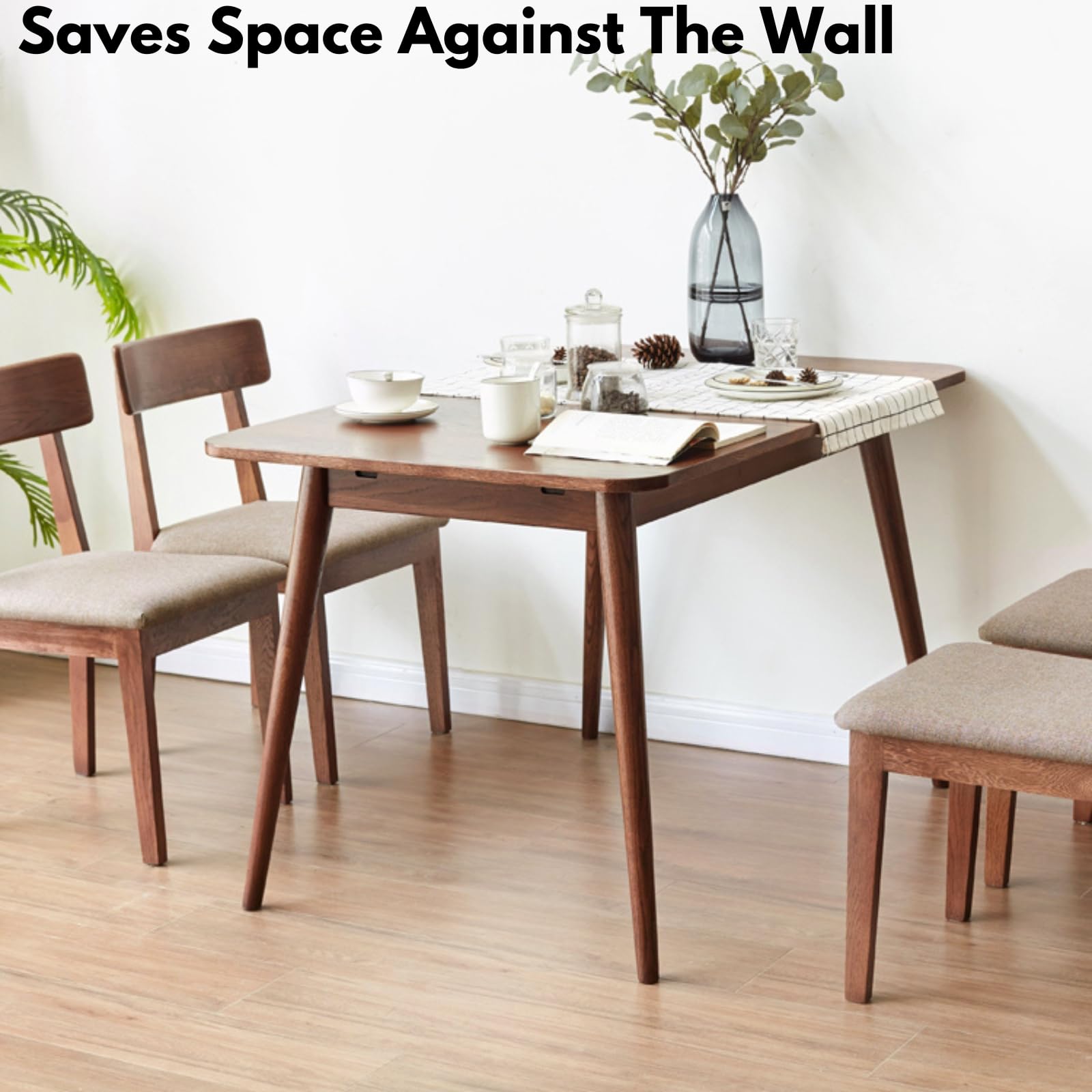 Grewood Extendable Dining Table - 100% Natural Oak Wood Telescopic Dining Table for 6-8 - Modern Dining Table with 47.24-63inch for Kitchen Room,Dining Room,Apartment (Walnut Color)