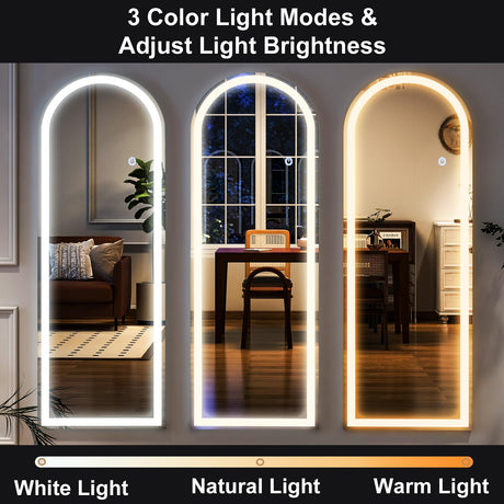 HARRITPURE Arch LED Full Length Mirror - 64" x 21" LED Mirror Full Length with Lights Full Body Mirror Standing Mirror with Lights for Bedroom/Cloakroom -Dimmable & 3 Color Lighting/Wall Mounted