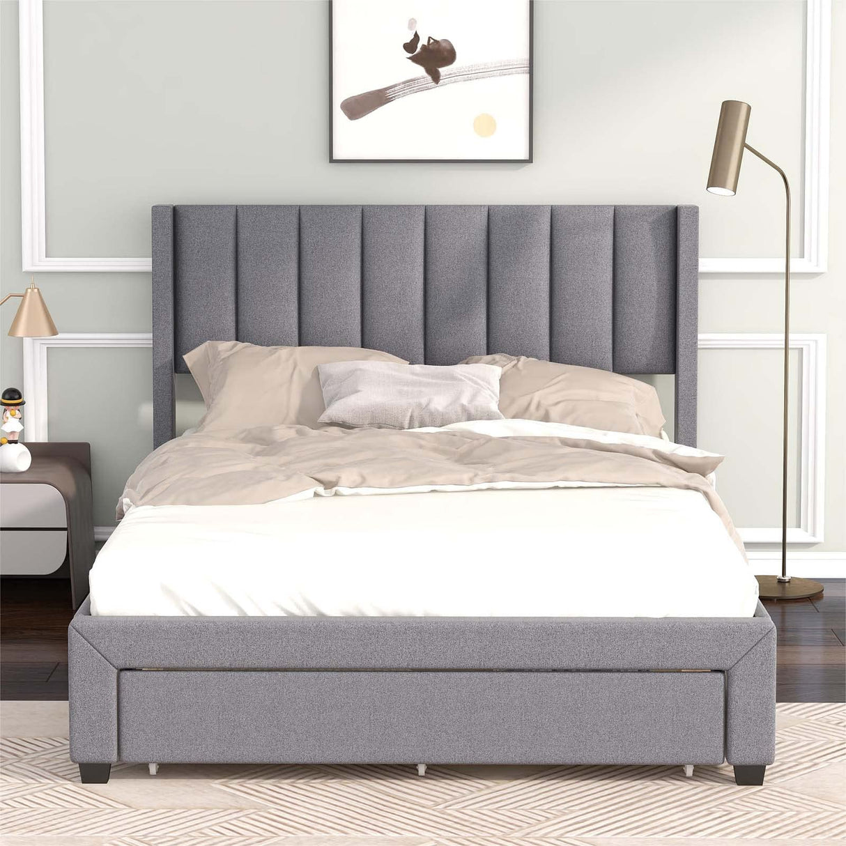 Upholstered Platform Bed with a Large Drawer in Footboard and 2 Drawer on Side,