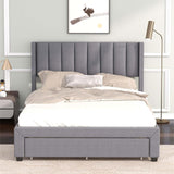 Upholstered Platform Bed with a Large Drawer in Footboard and 2 Drawer on Side,