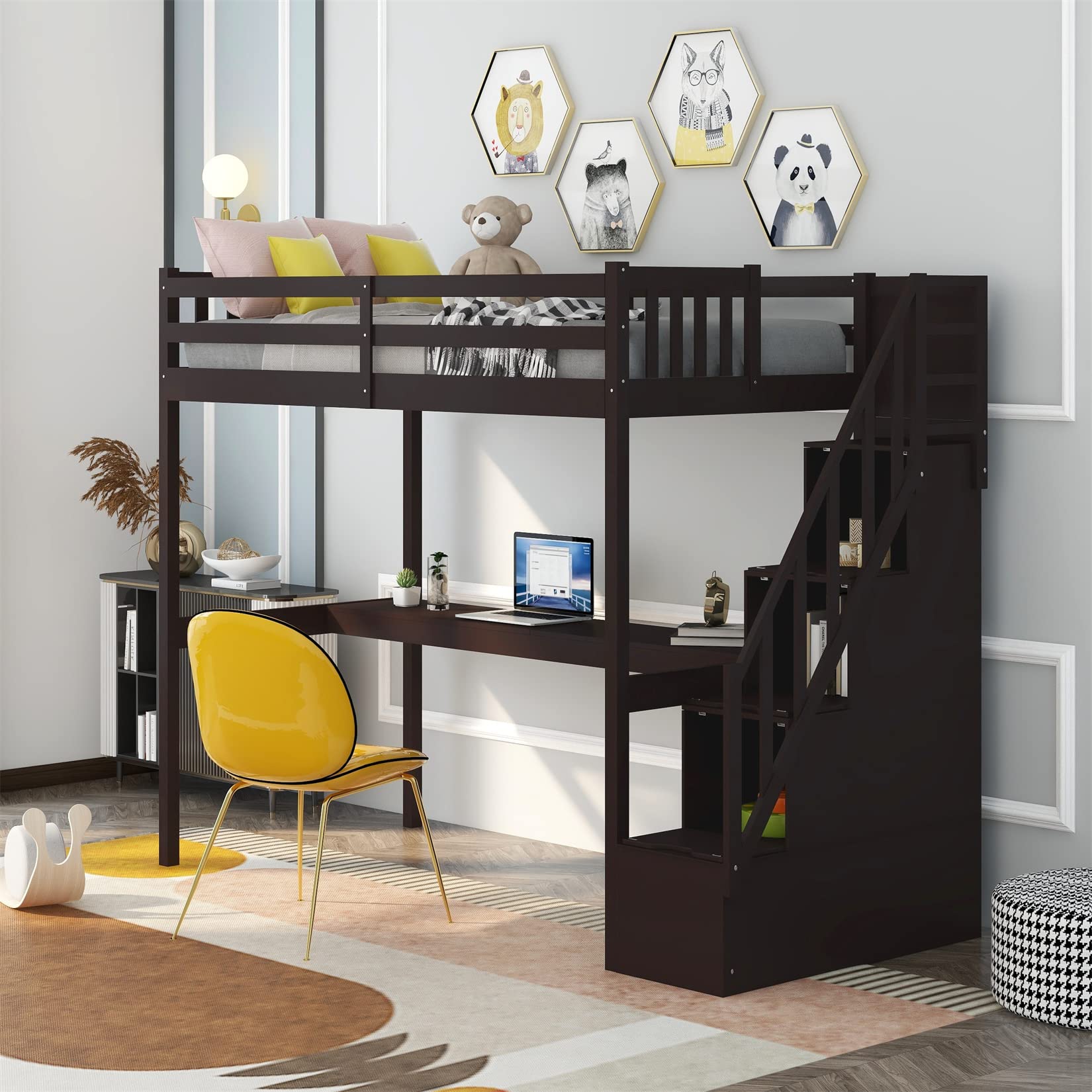 Twin Loft Bed with Desk and Storage Wood Loft Bed Frame with Staircase Storage Loft Bed for Kids Boys Girls Teens, Espresso