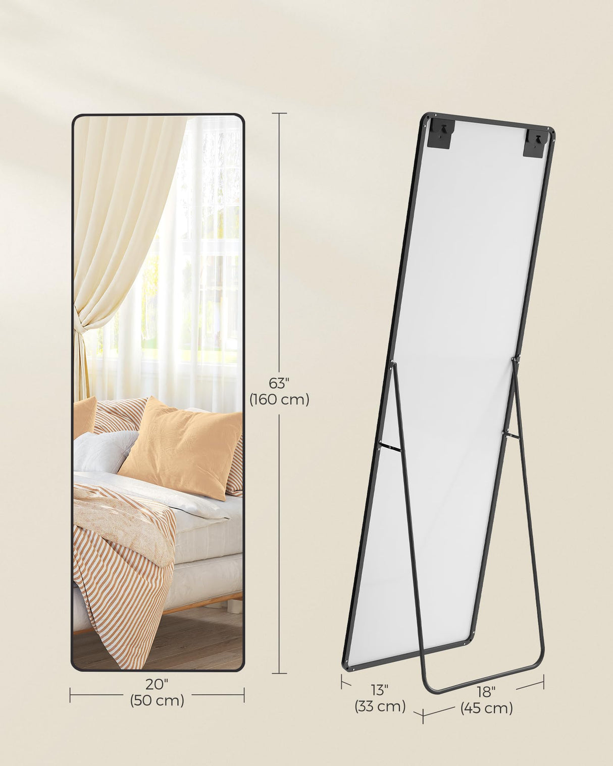 Full Length Mirror, 63 x 20 Inches, Rectangle Full Body Mirror with Stand, Aluminum Alloy