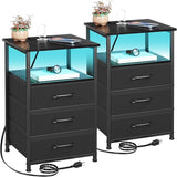 Night Stand Set 2, LED Nightstand with Charging Station, End Tables with Storage Shelf