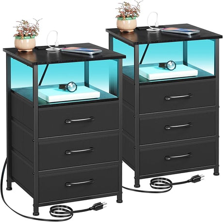 Night Stand Set 2, LED Nightstand with Charging Station, End Tables with Storage Shelf