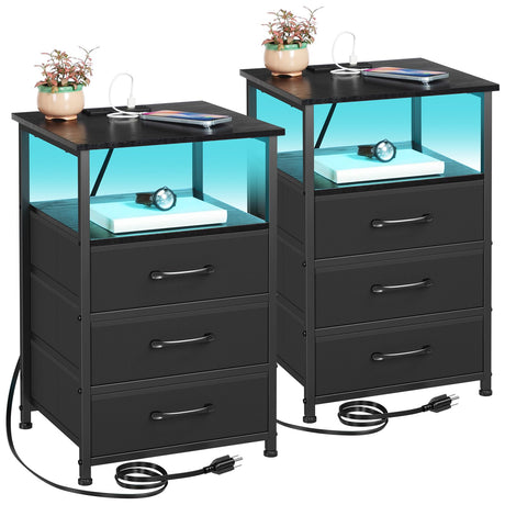 Night Stand Set 2, LED Nightstand with Charging Station, End Tables with Storage Shelf