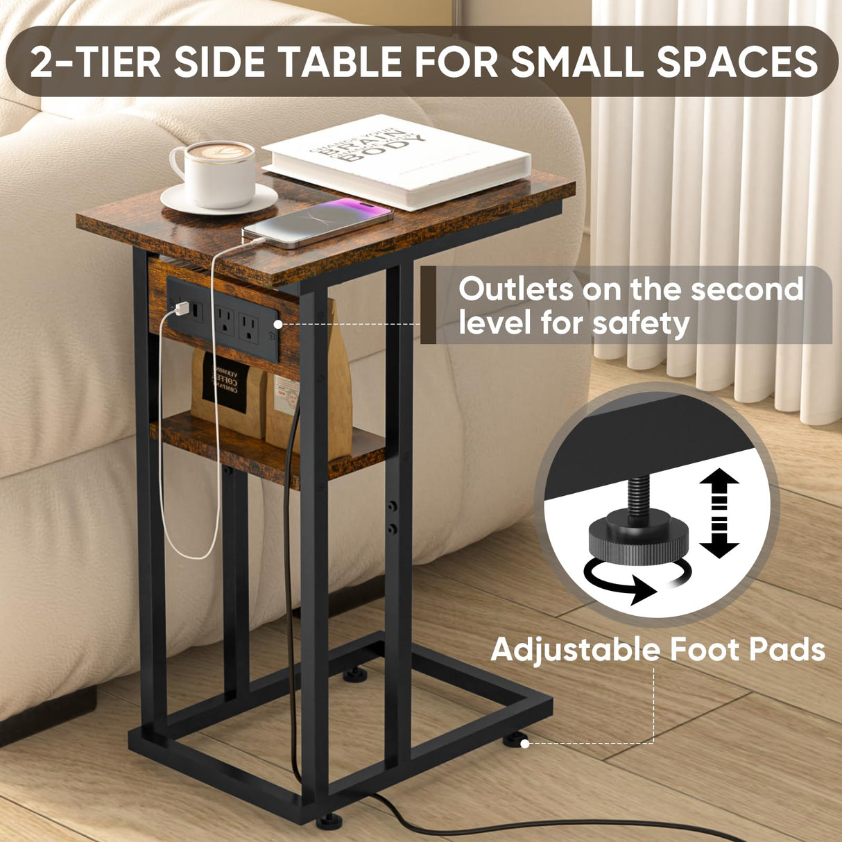 End Table with Charging Station and 2 USB Ports, C Table Storage Shelves, Couch Side Table