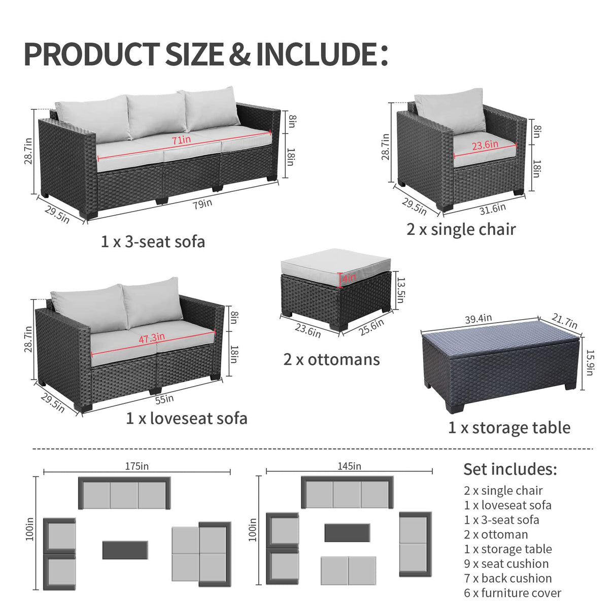 7 Pieces Outdoor Furniture Sectional Patio Couches Set Storage Table