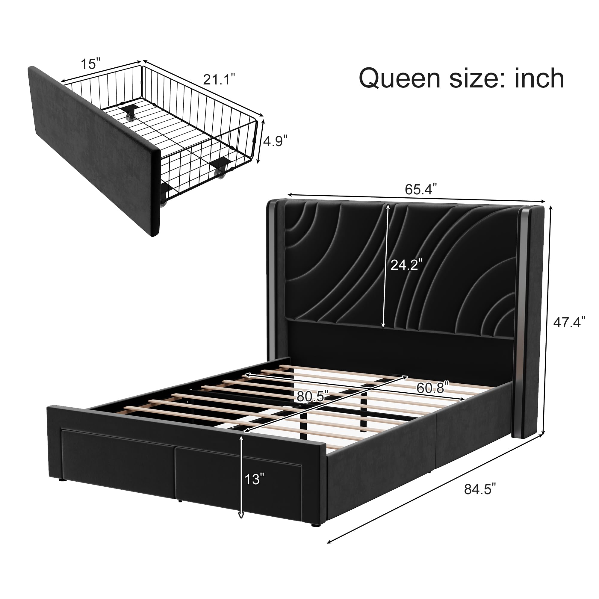 Queen Size Velvet Upholstered LED Platform Bed with Storage Drawers